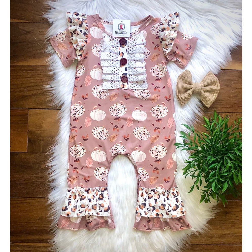 Wellington Designs Girls Leopard Pumpkin Romper, Sz 6/12 NWT